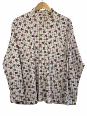 Image Mock Neck Top Plaid Leaf Print Cream Burgundy 2X